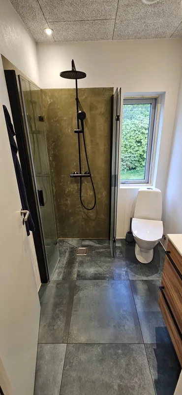 Glasafskærmning, sort bruser og væghængt toilet i et kompakt badeværelse.